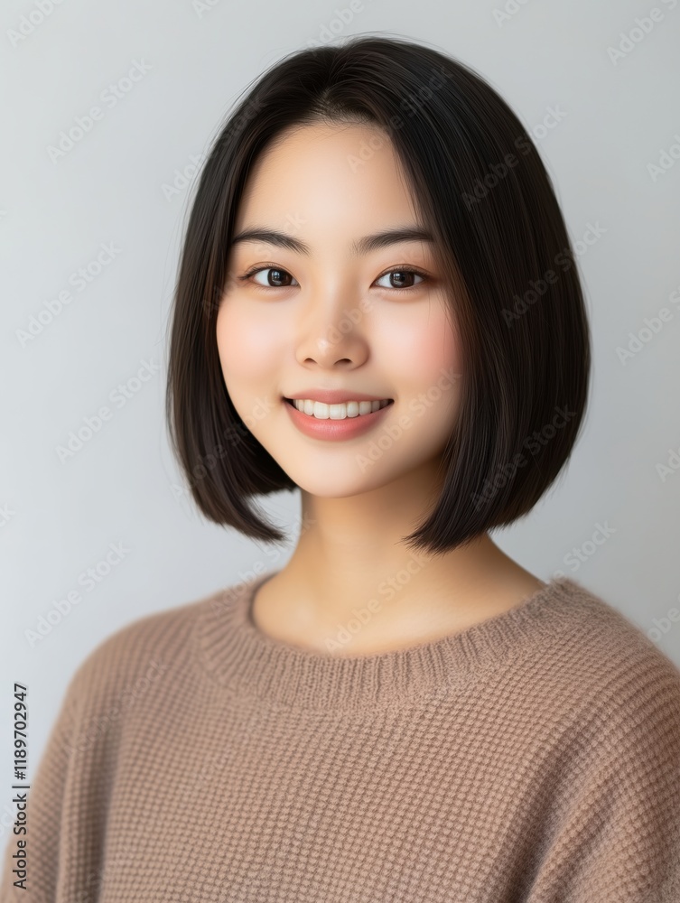asian model with a bob haircut wearing a soft brown sweater against a solid background. Fashion photography featuring soft brown colors. asian model with a bob haircut wearing a soft brown sweater against a solid background. Fashion photography featuring soft brown colors.