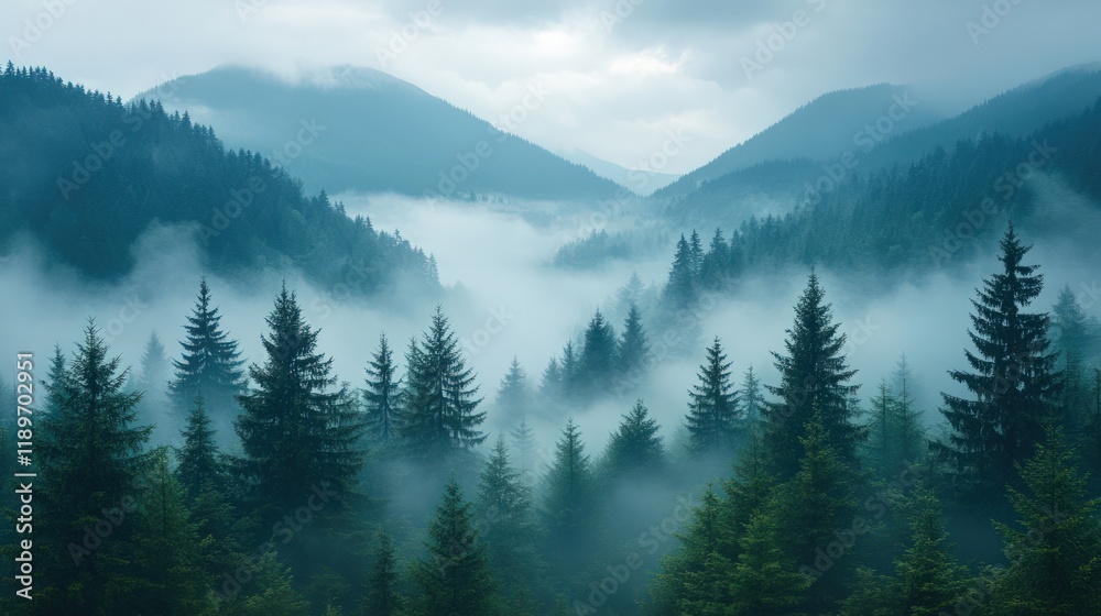 Misty mountain landscape with evergreen forest. Misty mountain landscape with evergreen forest.