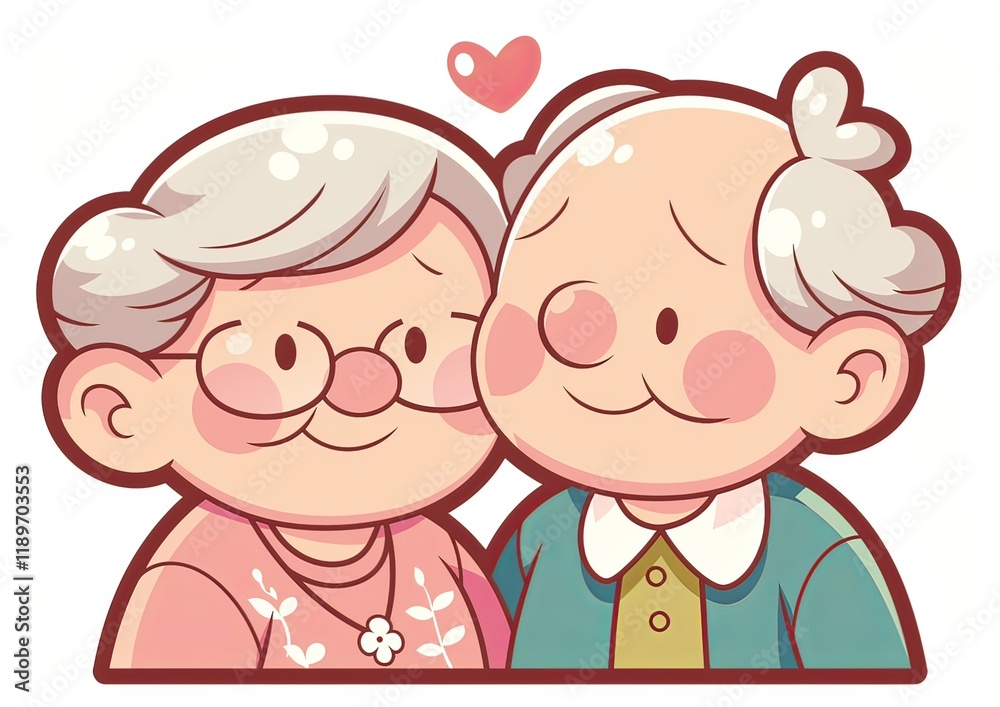 Fototapeta premium Cartoon drawing of an elderly couple in clip art style on a transparent background. The man, with short gray hair and glasses, wears a blue sweater vest over a green shirt.