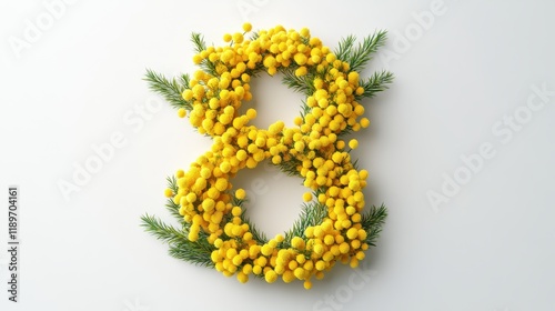 Floral number eight design with yellow mimosa and green foliage on white background