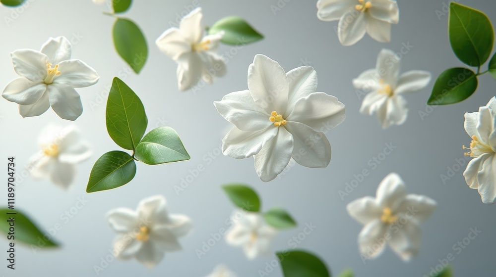 Fototapeta premium Elegant white jasmine flowers and green leaves floating on a light background