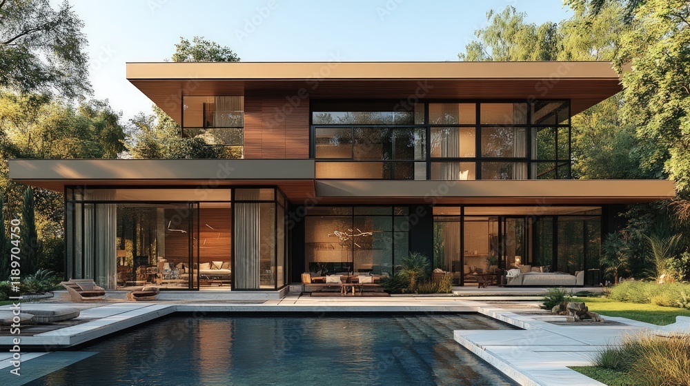Fototapeta premium Modern luxury home with pool and large windows.