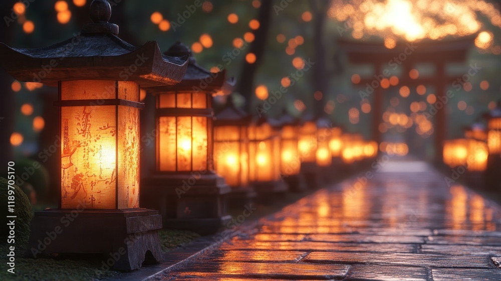 Serene pathway with glowing lanterns and soft sunset in tranquil garden Serene pathway with glowing lanterns and soft sunset in tranquil garden