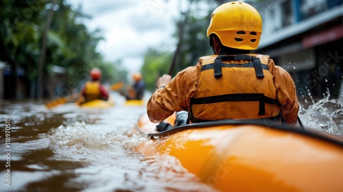 Rescue teams navigate flooded streets to save stranded victims photo