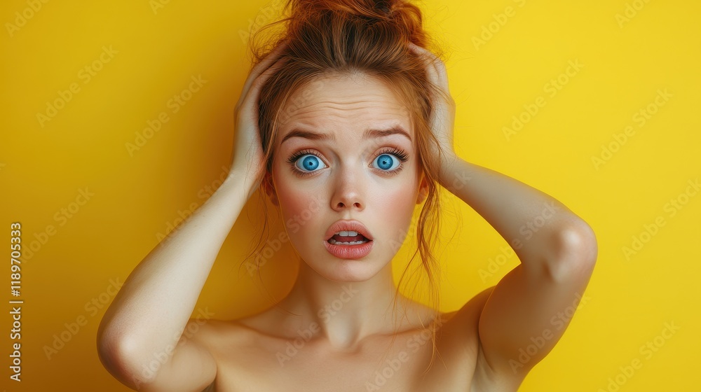 Surprised young female with blue eyes against vibrant yellow background Surprised young female with blue eyes against vibrant yellow background