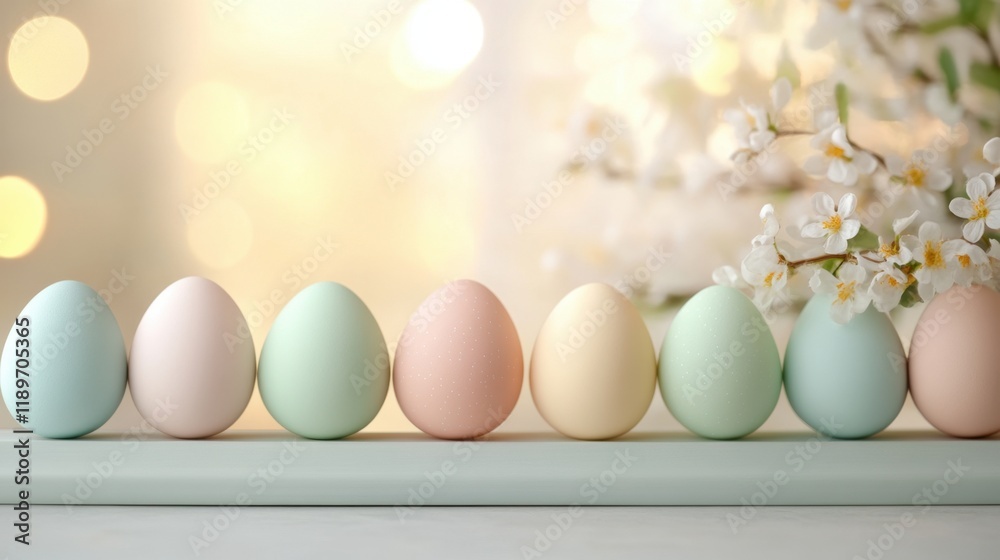 Fototapeta premium Colorful pastel Easter eggs arranged with delicate flowers