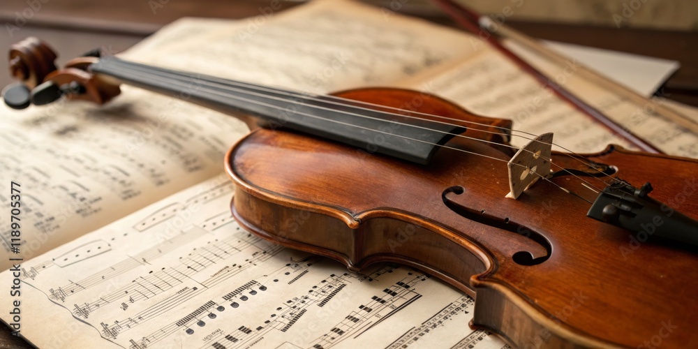 Fototapeta premium Violin resting on sheet music with bow nearby in a serene and artistic setting