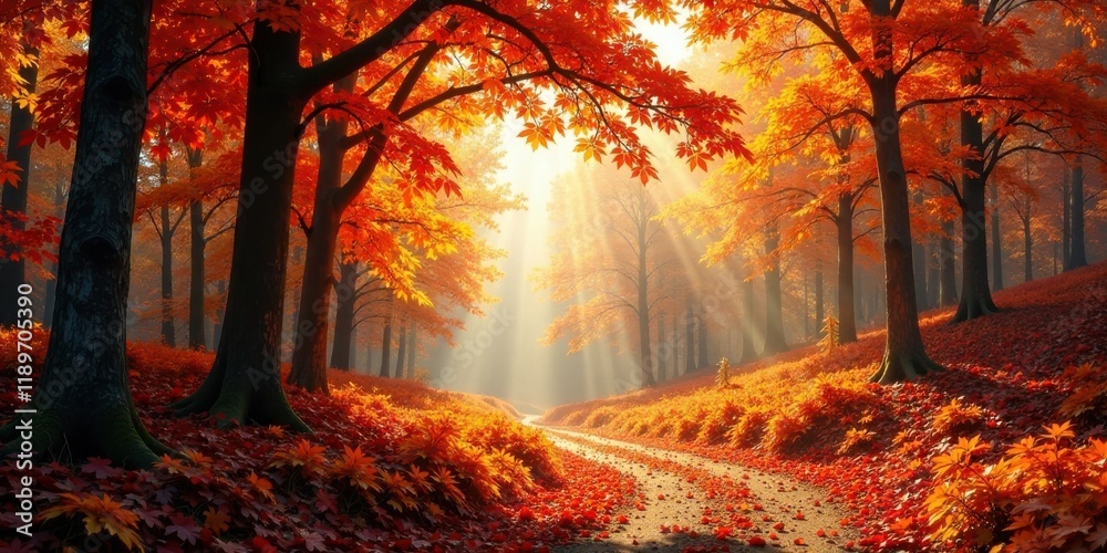 Autumnal Pathway Sunbeams Illuminate a Carpet of Crimson and Gold Leaves in a Majestic Forest