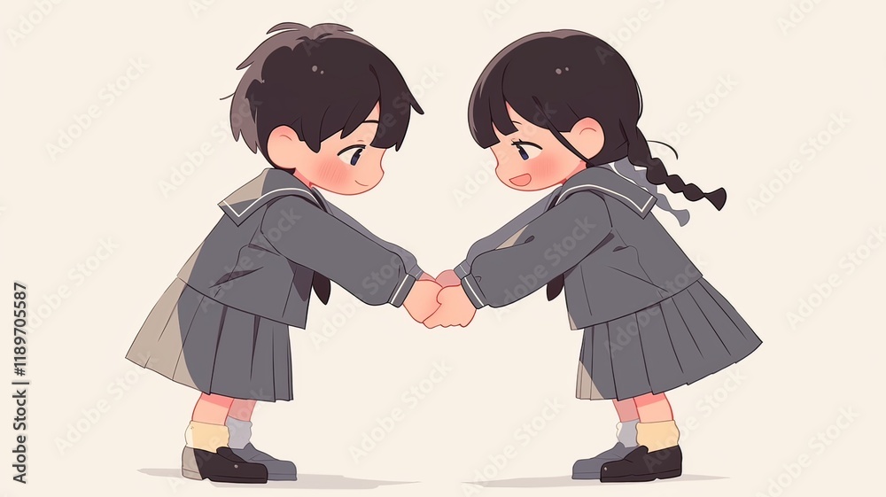 Fototapeta premium Chibi-style simple drawing of two characters, a boy with black hair and a girl in a white sweater, smiling at each other. 