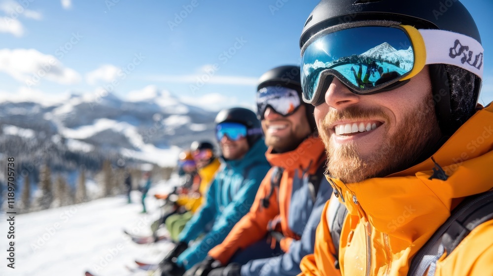 Skiers enjoy breathtaking views from a mountainous lookout on a sunny day Skiers enjoy breathtaking views from a mountainous lookout on a sunny day