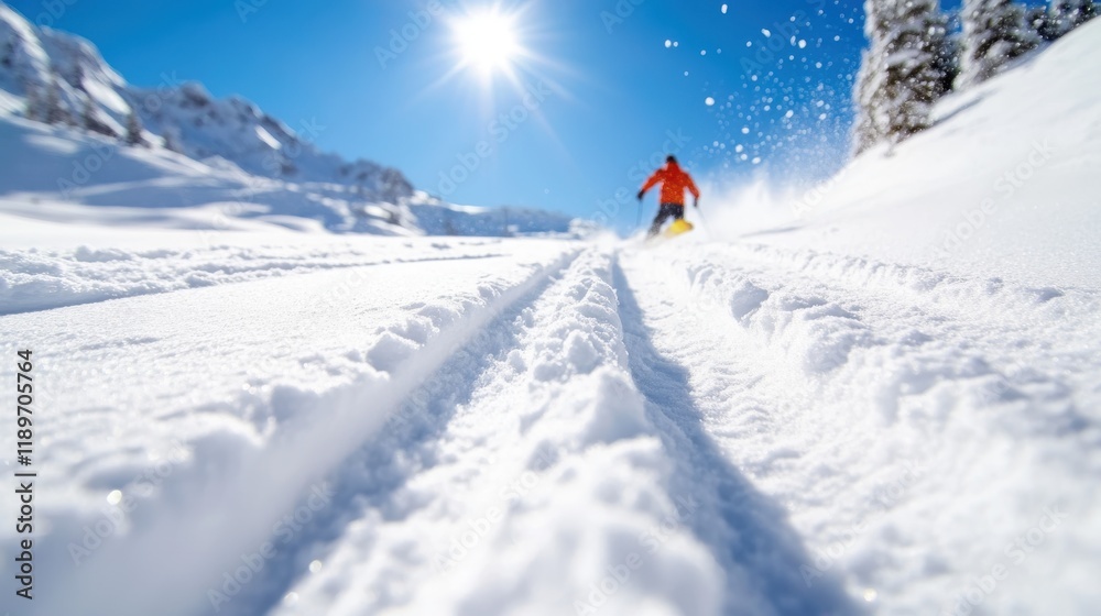 Snowboarder carving fresh lines through untouched winter powder in sunlight Snowboarder carving fresh lines through untouched winter powder in sunlight