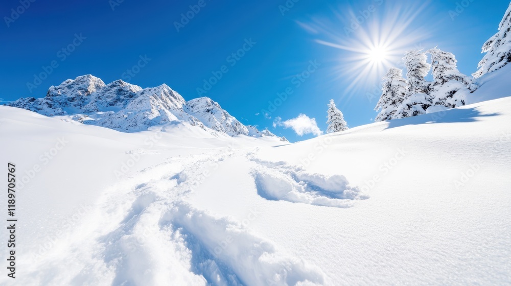 Snowboarder carves fresh tracks in untouched powder under bright sun Snowboarder carves fresh tracks in untouched powder under bright sun