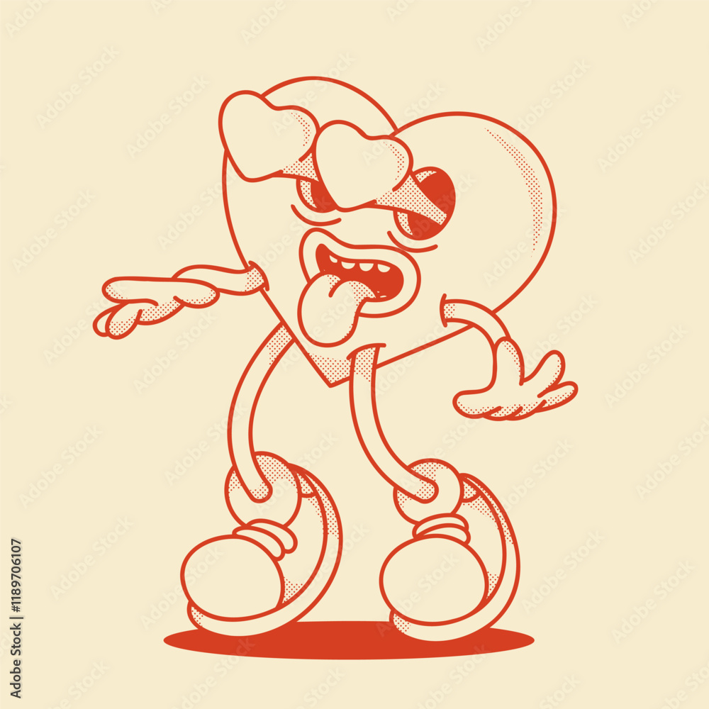 Obraz premium Heart mascot in retro groovy style. Valentine's Day vintage heart character. February 14 vector