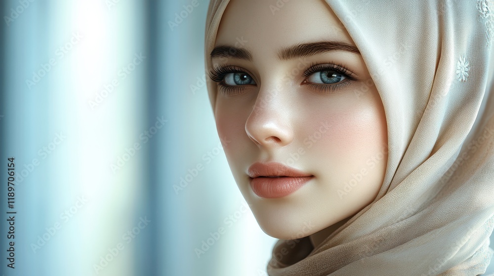Young woman wearing elegant hijab in soft light portrait Young woman wearing elegant hijab in soft light portrait