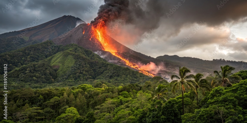 Obraz premium Erupting volcano sends lava and ash into the sky amidst lush green landscape