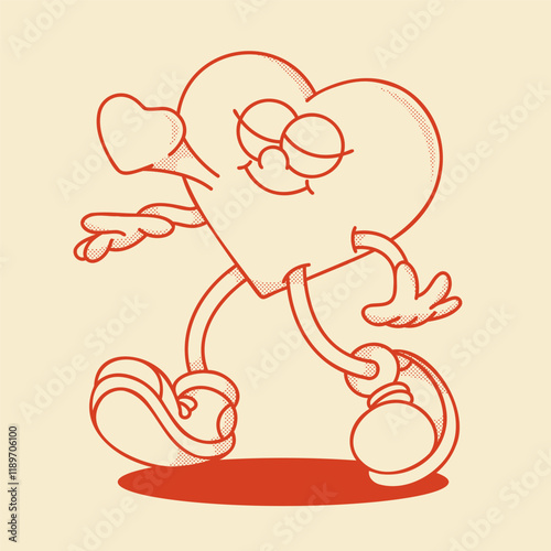 Heart mascot in retro groovy style. Valentine's Day vintage  heart character. February 14 vector