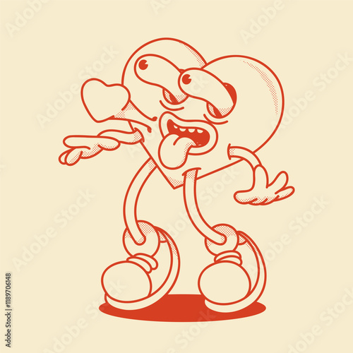Heart mascot in retro groovy style. Valentine's Day vintage heart character crazy in love. February 14 vector