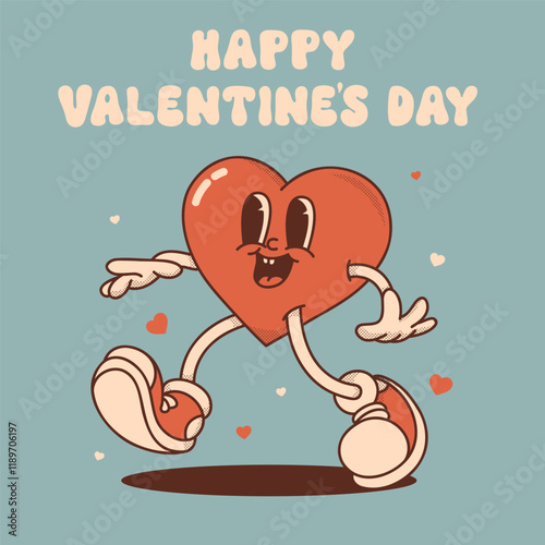Heart mascot in retro groovy style. Valentine's Day vintage heart character crazy in love. February 14 vector