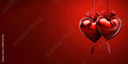 Two shiny red hearts with ribbons hanging against a vibrant red background