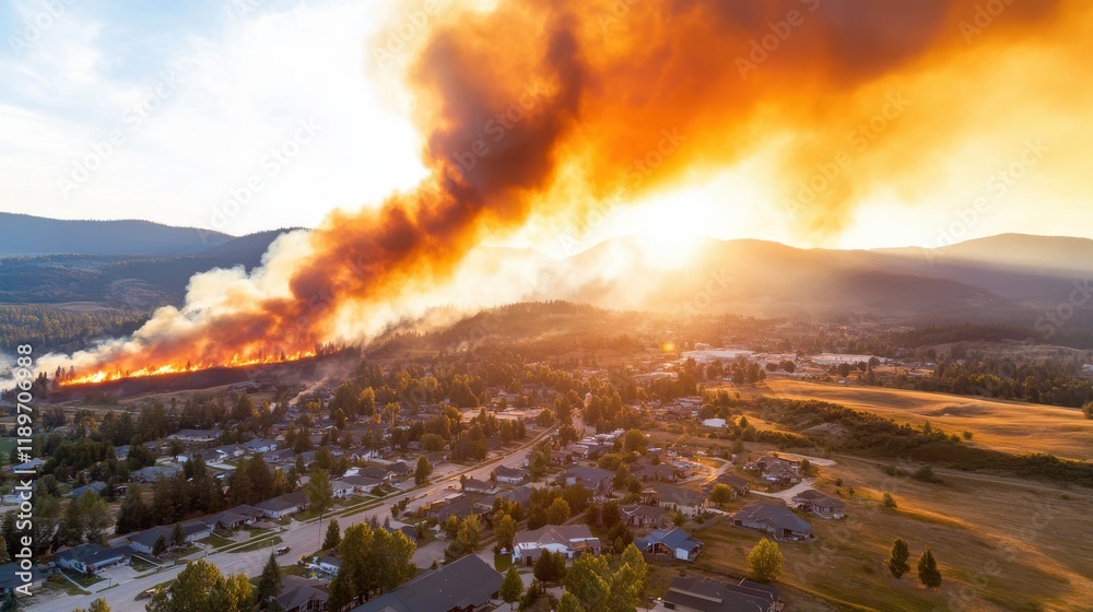 Fototapeta premium Cityscape contrasts dramatically with wildfires at sunset
