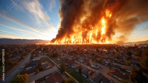 Flames consume city as wildfire rages at sunset, casting a fiery glow