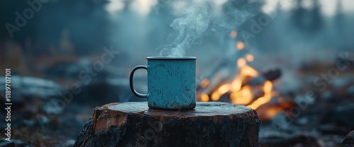 A light blue enamel mug with a black rim, sitting on top of an old wooden stump in front of a campfire. The background is blurred to emphasize the cup and the smoke rising from it. photo