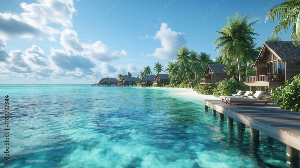 Fototapeta premium Luxurious resort in the Maldives, surrounded by crystal clear turquoise water and vibrant coral reefs, overwater villas with wooden terraces and private infinity pools.