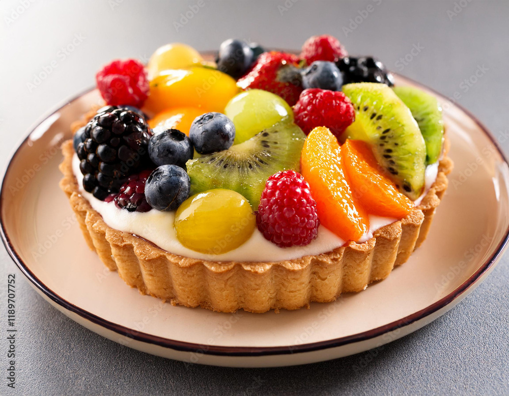 fresh fruit tart on a plate with colorful fruits and cream fresh fruit tart on a plate with colorful fruits and cream