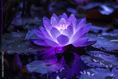 Luminous purple water lily with dewdrops floating on dark water surface at night, creating a magical atmosphere