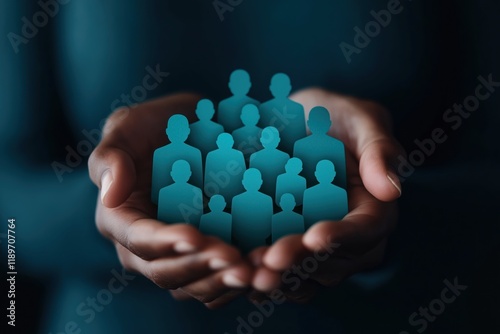 Hands gently hold teal human icons representing valuable team. Protecting employees shows care, retention within large organization. Importance of employee well-being, nurturing potential. Strategic photo