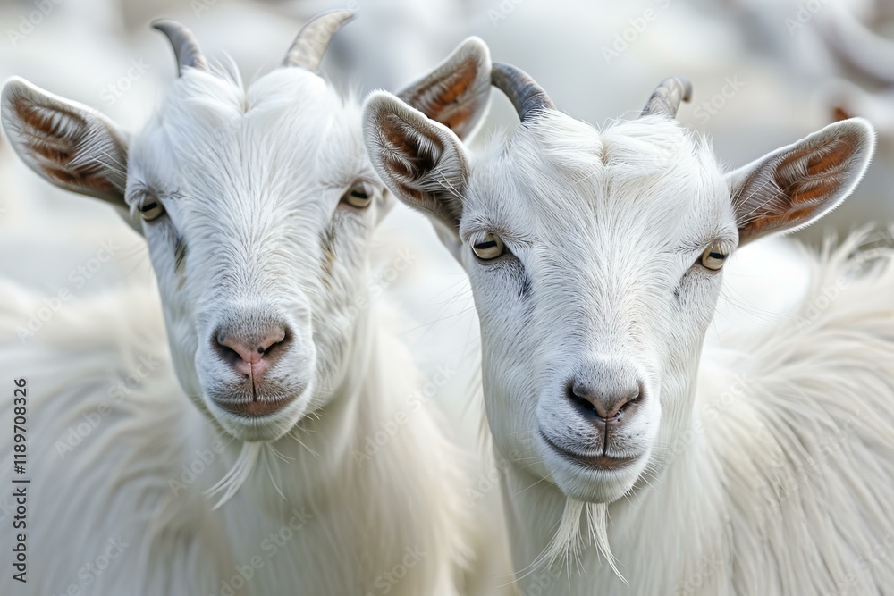 Two white goats standing next to each other in a field Two white goats standing next to each other in a field