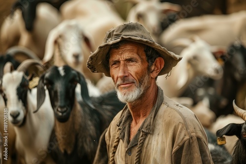 Shepherd wearing a hat standing in front of his herd of goats photo