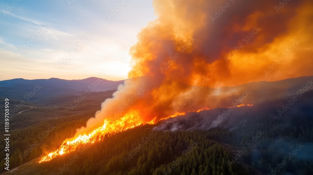 Fototapeta premium Smoke billows over vast forest during wildfire at sunset