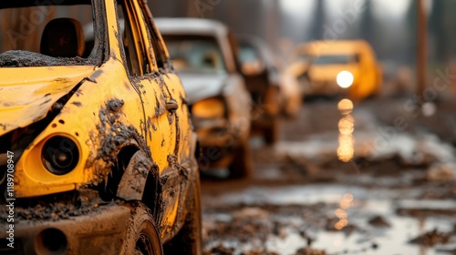 Desolate landscape of burnt-out cars after a devastating wildfire photo