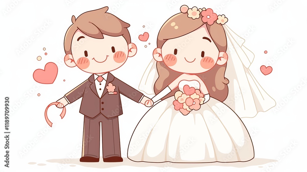 Cute cartoon vector-style wedding couple sticker with a white background. The bride in her long dress and groom holding hands Cute cartoon vector-style wedding couple sticker with a white background. The bride in her long dress and groom holding hands