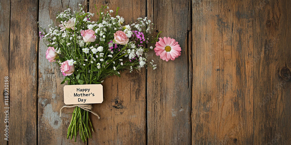 Fototapeta premium A Mother's Day Bouquet on Rustic Wooden Planks with Tag