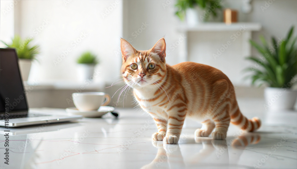 Curious orange tabby cat exploring a bright home office Curious orange tabby cat exploring a bright home office