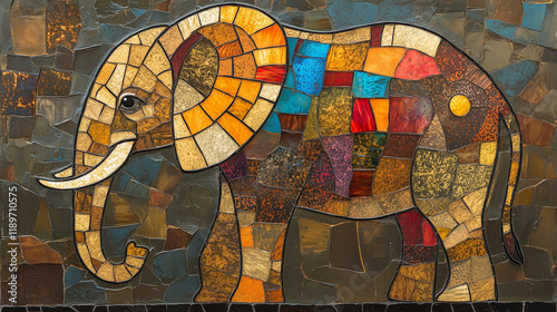 Mosaic elephant in warm earth tones and colorful accents