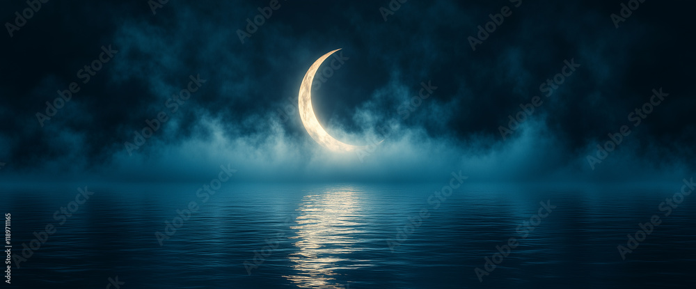 Fototapeta premium Abstract background with a crescent moon and fog on the water, a night sky, a fantasy landscape, a dreamy scene, mist over a lake at midnight, moonlight.