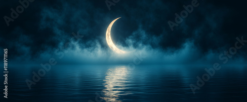 Abstract background with a crescent moon and fog on the water, a night sky, a fantasy landscape, a dreamy scene, mist over a lake at midnight, moonlight.