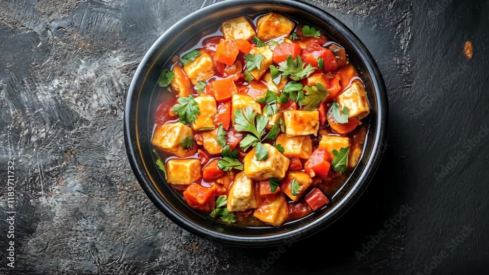 Delicious vegetarian stew with vibrant vegetables and tofu in a black bowl