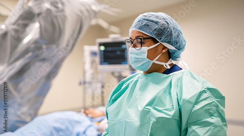 Doctor consulting with a nurse over a patient s treatment in a calm and modern ward photo