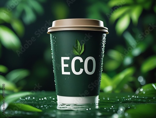 Eco-friendly coffee cup with sustainable design, surrounded by lush green foliage, promoting environmental awareness, biodegradable materials, and a greener lifestyle for conscious consumers

 photo