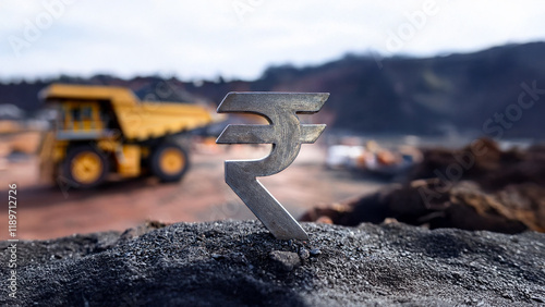 Indian rupee symbol (INR); industrial mining site;  photo