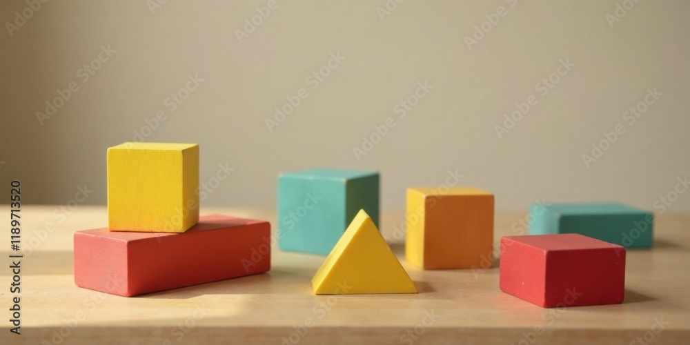 A colorful arrangement of geometric wooden blocks on a light wood surface, showcasing various shapes and sizes in a sunlit setting A colorful arrangement of geometric wooden blocks on a light wood surface, showcasing various shapes and sizes in a sunlit setting