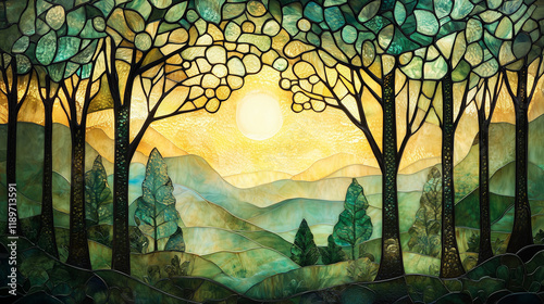 Stained glass forest landscape with glowing sunset and grazing deer