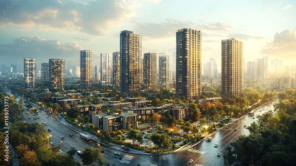 Obraz premium Panoramic view of modern cityscape with skyscrapers, green spaces, and roads at sunset.