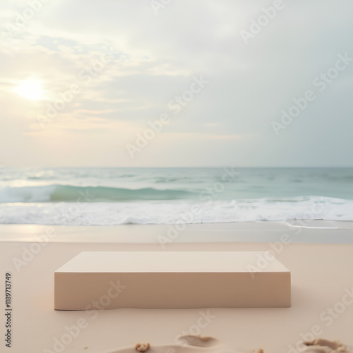  normal, couleurs, filer Podium beige sur une plage face à l’océan 