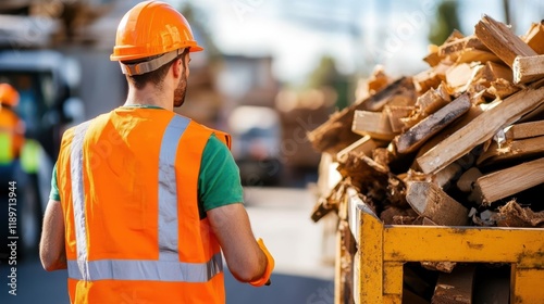 Workers actively manage waste at a bustling recycling center photo