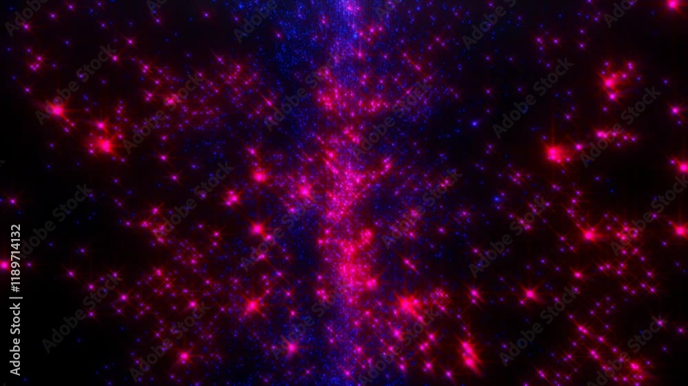 The bright red glow of countless stars against the background of blue space. 3D render, magic fantasy glowing energy.